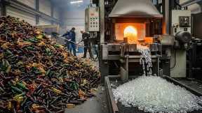 Process of Recycling Used Glass Bottles Into New Glass Materials | Glass Recycling Factory