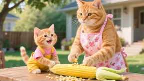 Mama Cat And Ginger Kitten Harvest Corn To Make Pasta At Home Because The Kitten Craves It So Much!