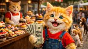 Mama Cat Teaches Ginger Kitten to Bake Cakes to Sell at the Market 🐱🎂🛒