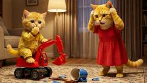 Ginger Kitten Plays with a Toy Excavator and Breaks a Cup – Gets Scolded by Mama Cat!